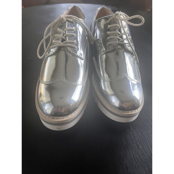 ZARA Women's EU 37 US 6.5 Metalic Silver Lace up Platform Oxford Shoes Oxfords - Picture 2 of 6